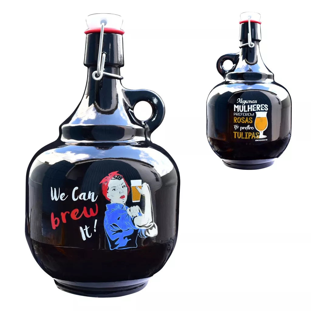 GROWLER de vidro na cor ambar - 2 Litros - Tampa Flip Top - WE CAN BREW IT