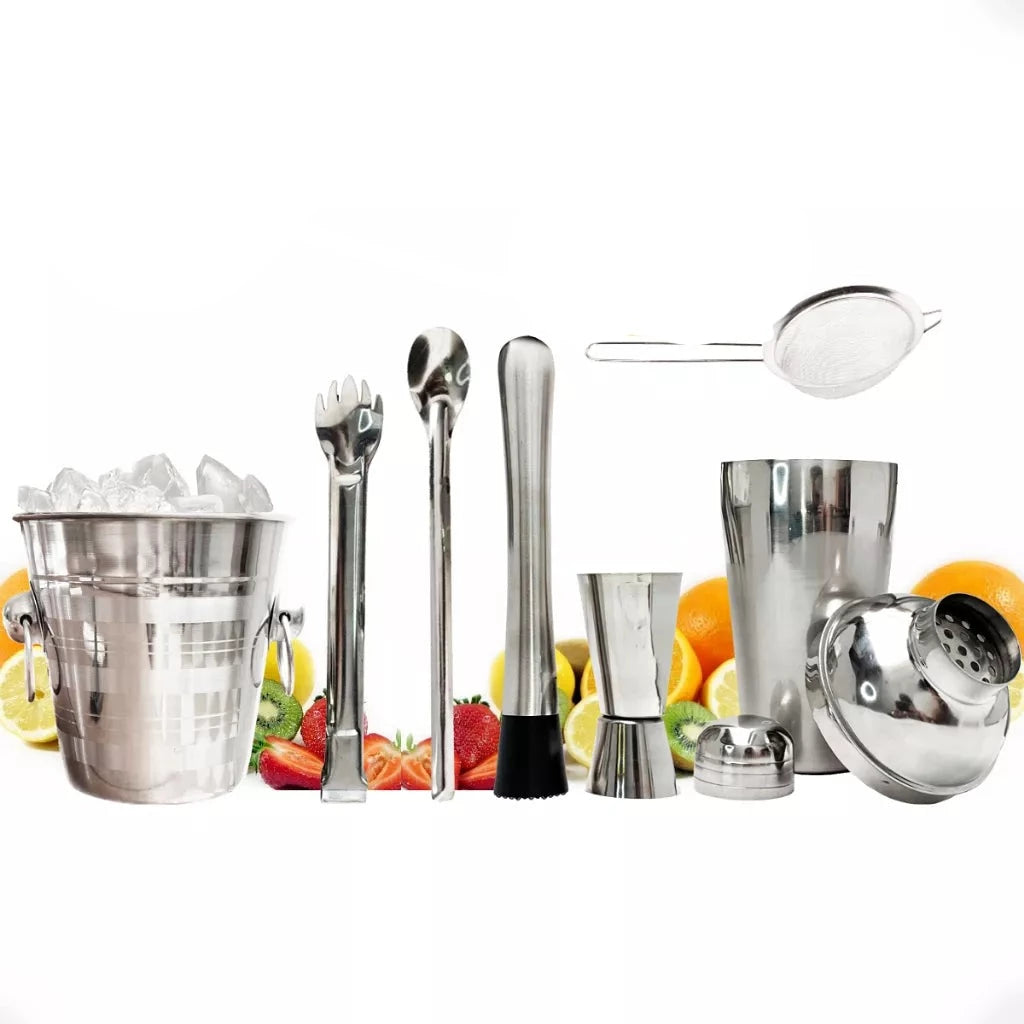 KIT BARTENDER 7 Peças Aço Inox - Coqueteleira 500 ml + Socador, Dosador, Balde, Colher, Pegador Gelo e Peneira Completo