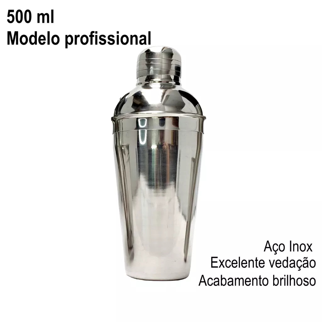 KIT BARTENDER 7 Peças Aço Inox - Coqueteleira 500 ml + Socador, Dosador, Balde, Colher, Pegador Gelo e Peneira Completo